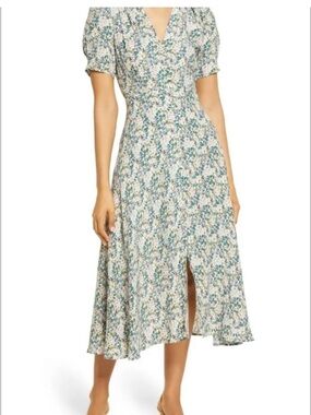 Floral V-Neck Puff-Sleeve Midi Dress in Cream and Green